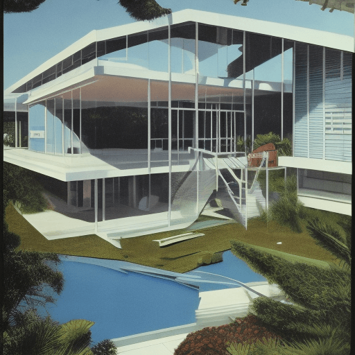 AI generated: Hyper realistic eye level exterior photo of a mid century modern style house overlooking the ocean, ...