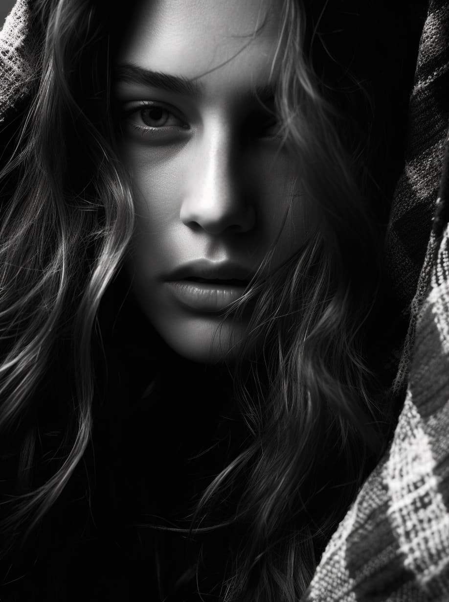 AI generated: a black and white photo of a woman with long hair, sleepy fashion model face, mert and marcus, image...