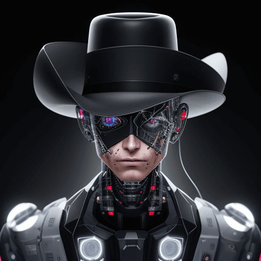 AI generated: Electronic system on head humanoid, cyborg man, the black cowboy hat, with a visible detailed brain,...