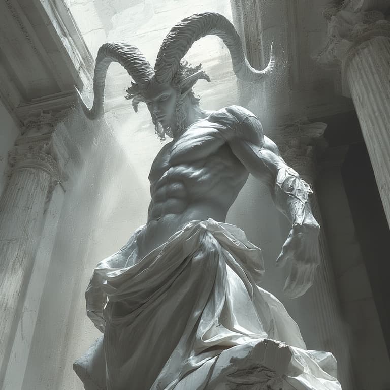 AI generated: White marble statue, horned goat-like humanoid, muscular torso, serene classical face, intricate spi...
