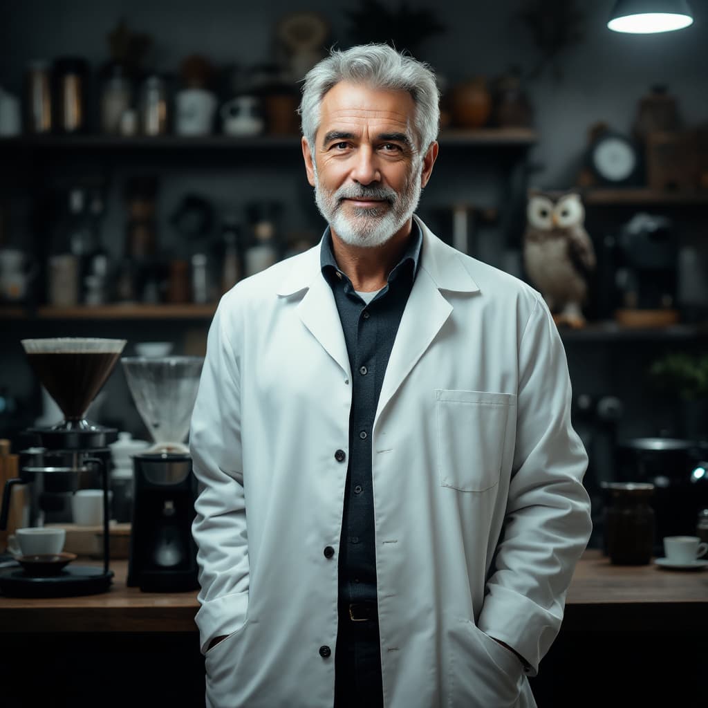 AI generated: Create an image of a man between 40 and 45 years old with some gray hair, with a white coat like a s...