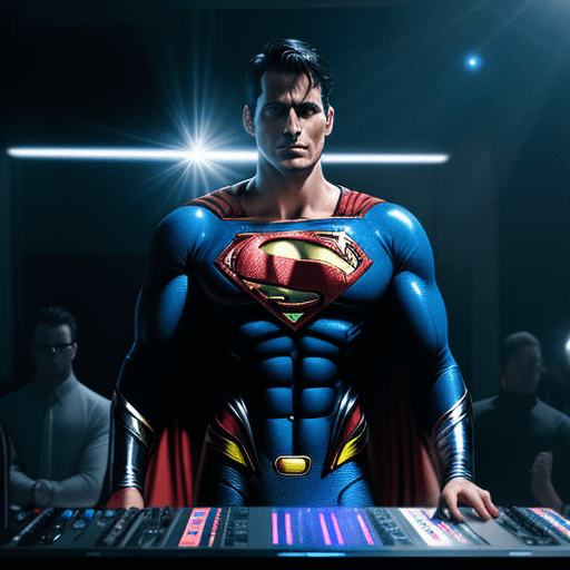 AI generated: a man in a superman suit standing next to a DJ playing music in a dark room, a hologram by Zack Snyd...