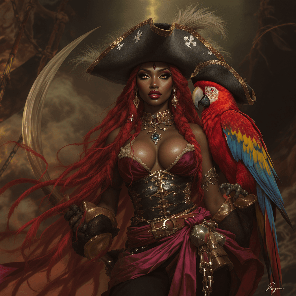 AI generated: Full body view: Centered image. 400 pixels. an African American pirate lady with red long braided ha...