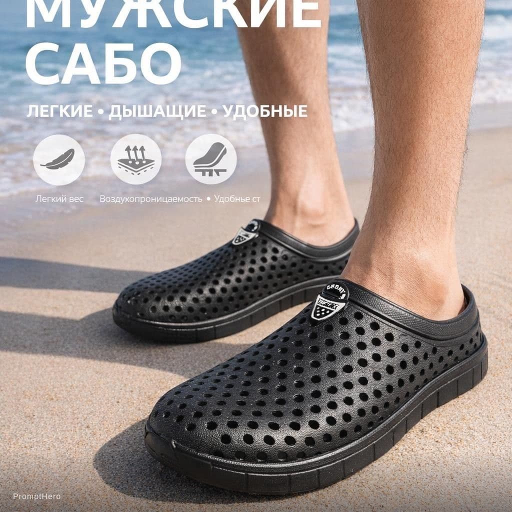 AI generated: ultra realistic marketplace hero image of black breathable EVA clogs worn on a male foot, standing o...