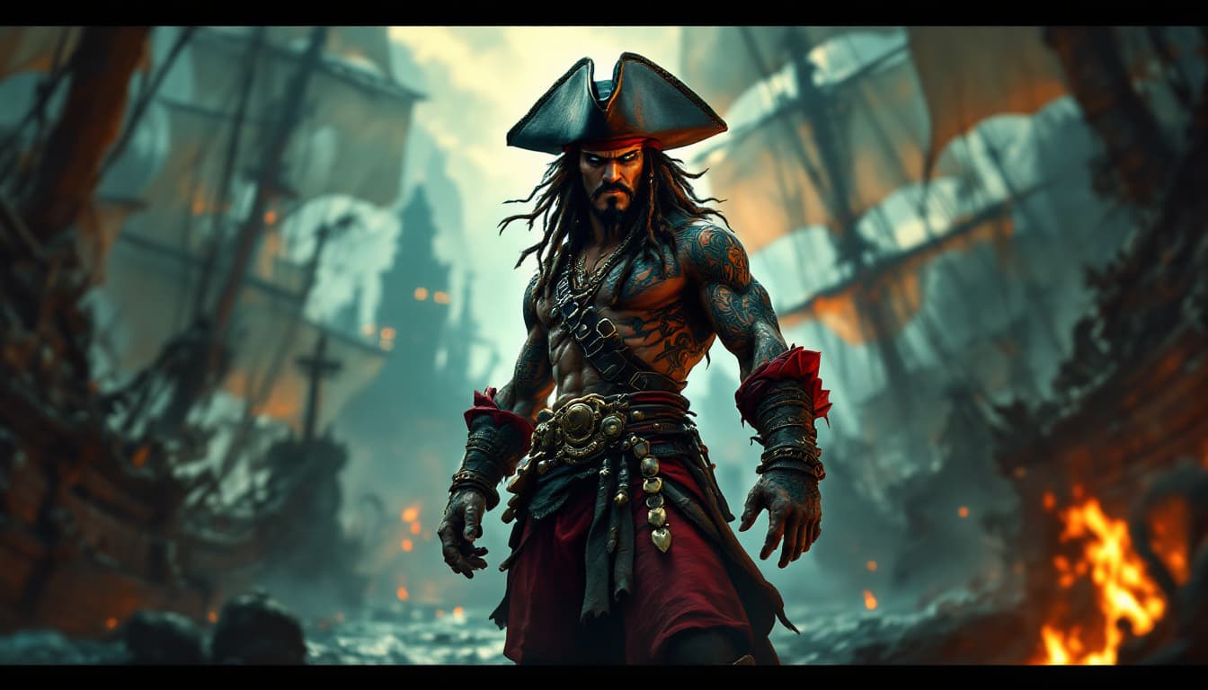 AI generated:  Animation, cartoon, Full body with view A commanding Native Caribbean pirate captain stands tall am...