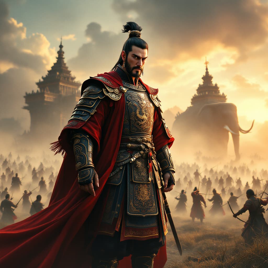 AI generated: A legendary Chinese general, inspired by Sun Tzu, standing on an ancient battlefield. He wears tradi...