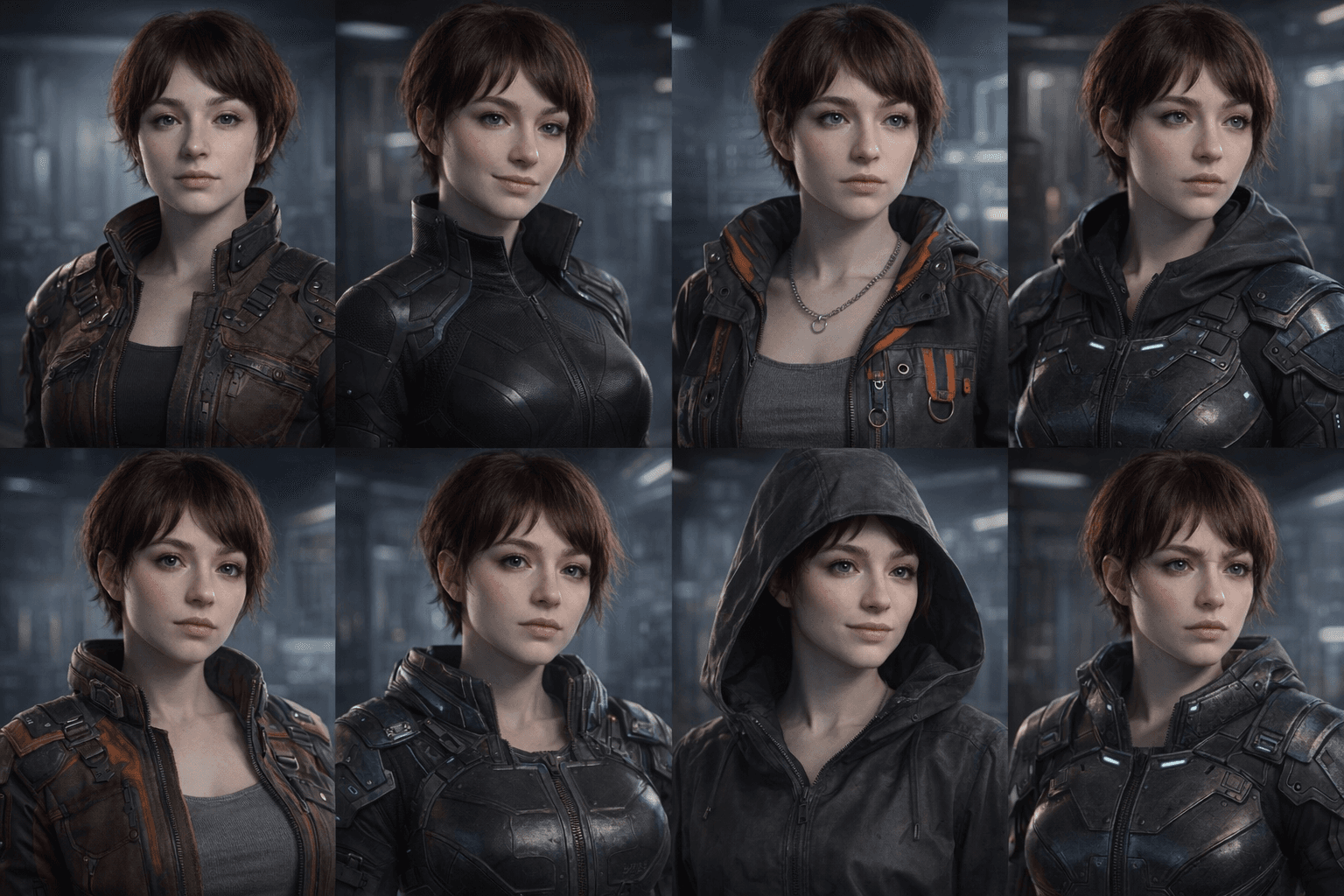 AI generated: Create a high-quality game character render featuring the same female character across all images, w...