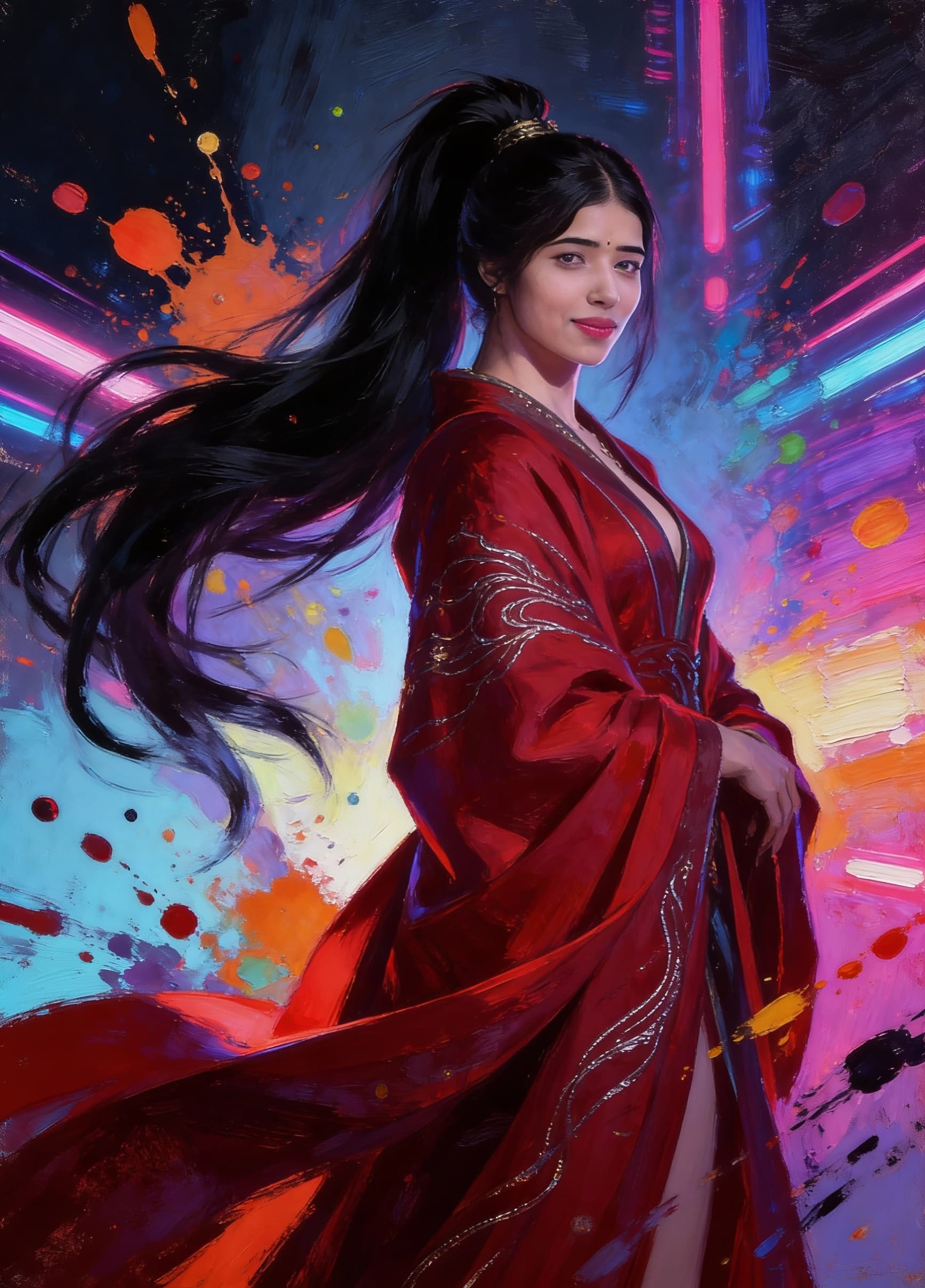 AI generated: A commanding, seductive young empress stands at the center, her long obsidian hair styled in a high,...