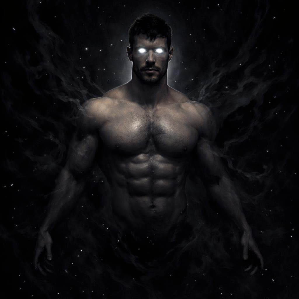 AI generated: turn this man into the god of the void and of nothingness have him floating in the void with no shir...