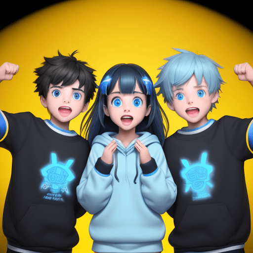 AI generated: two young boys and a young girl wearing blue yellow and white sweatshirts, enthusiastic and surprise...