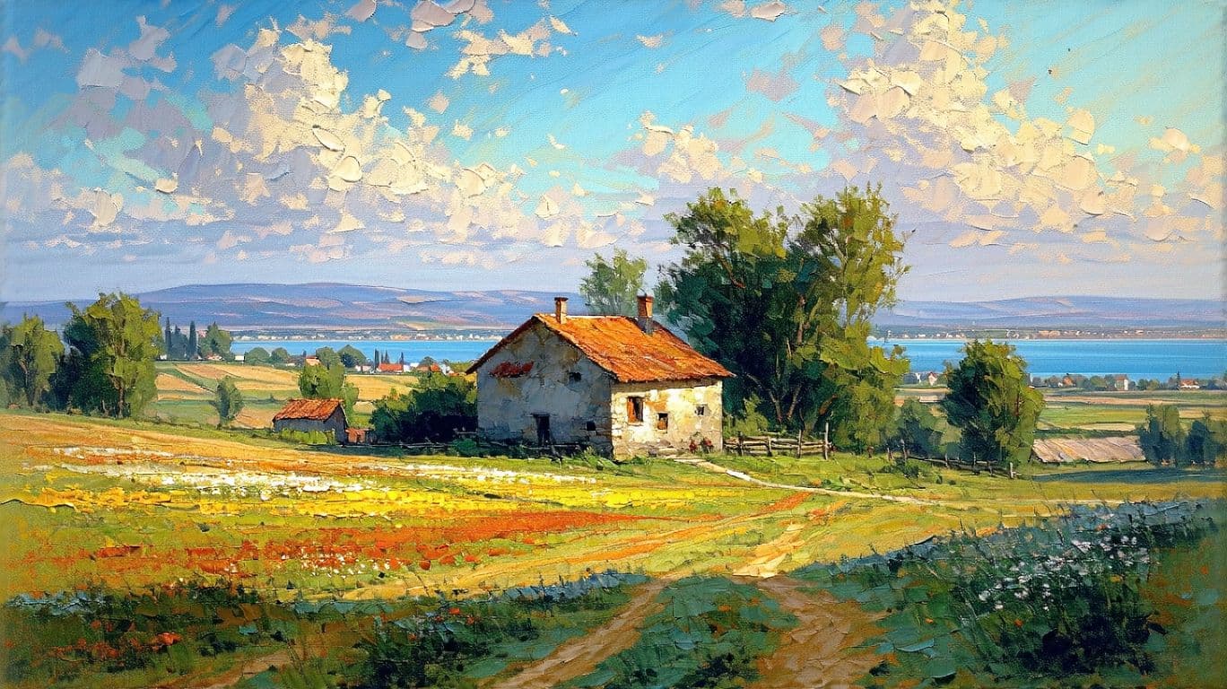 AI generated: impressionist painting on canvas of Samsun, beautiful landscape with Samsun farmhouse, in the style ...