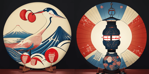 AI generated: Create a pattern with ukiyo-e Mount Fuji, a uchiwa fan, a crane, and a lantern, all drawn to the sam...