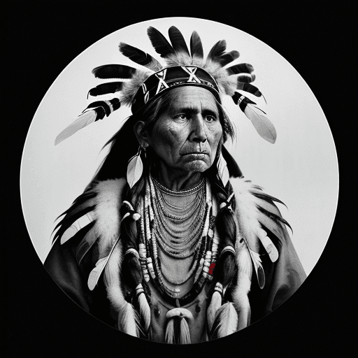 AI generated: a vintage black and white photo of a Native American chief wearing traditional clothing and and feat...