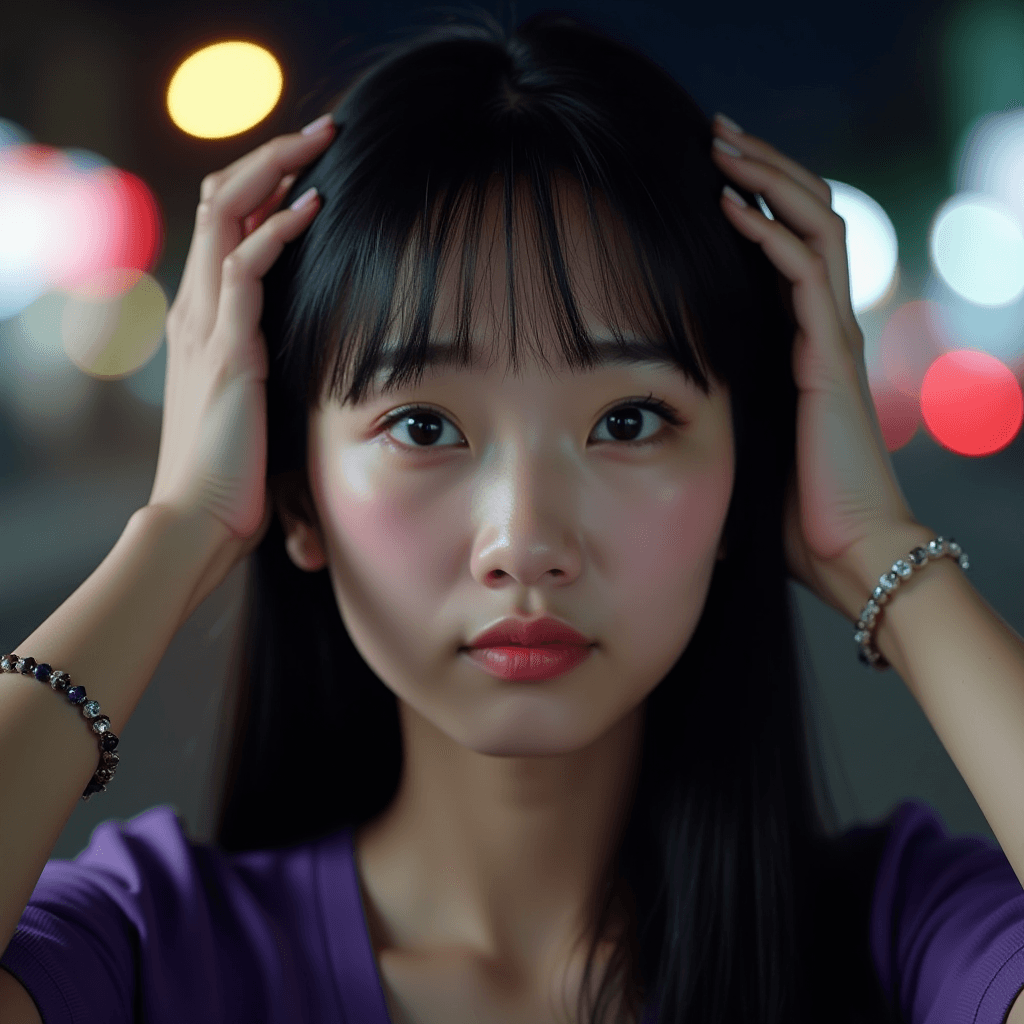 AI generated: A young Asian woman with long straight black hair holds the headrest in her hands, in a real style, ...