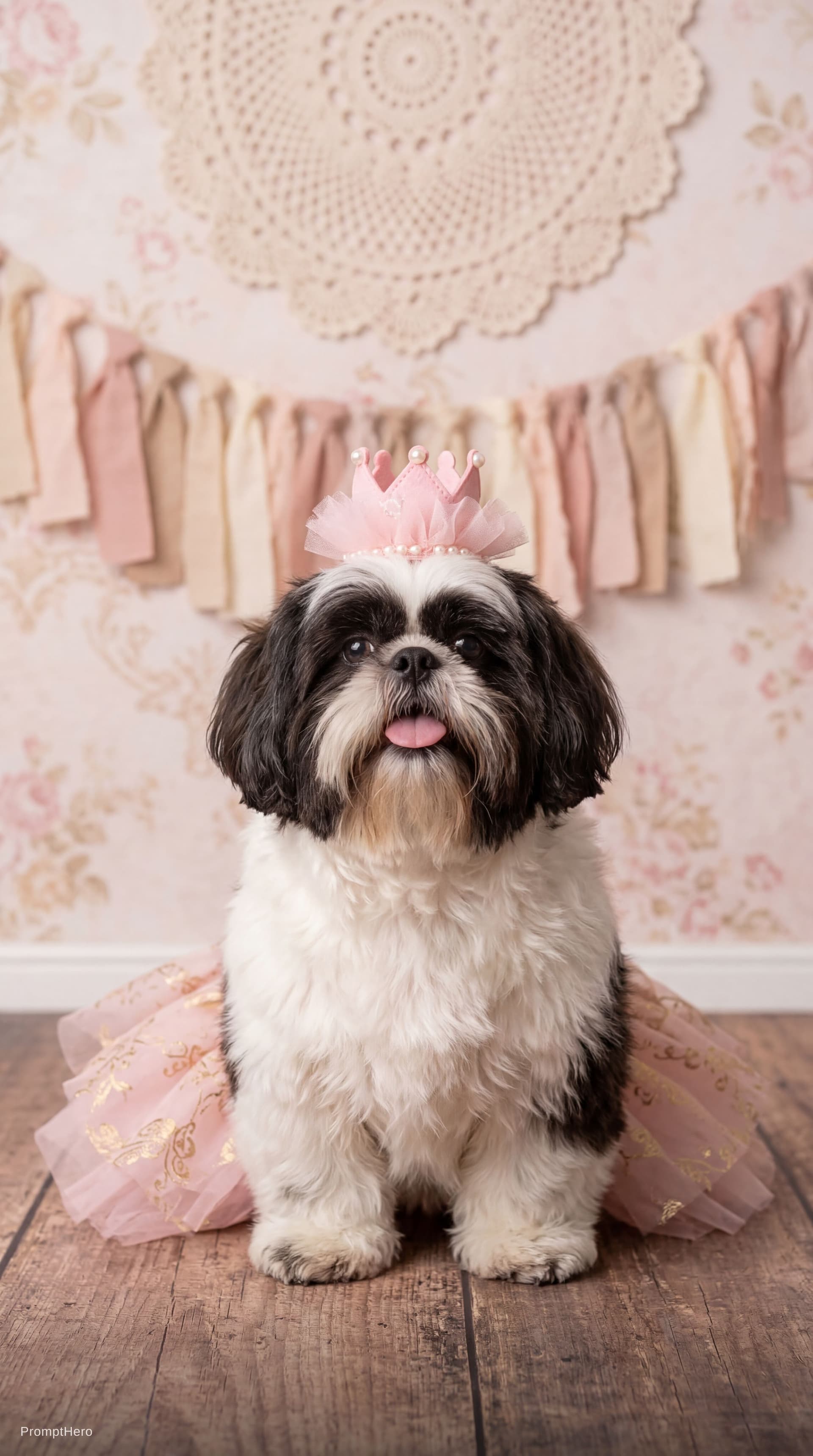 AI generated: Ultra realistic pet portrait photoshoot, small dog birthday theme, soft pastel aesthetic, studio-sty...