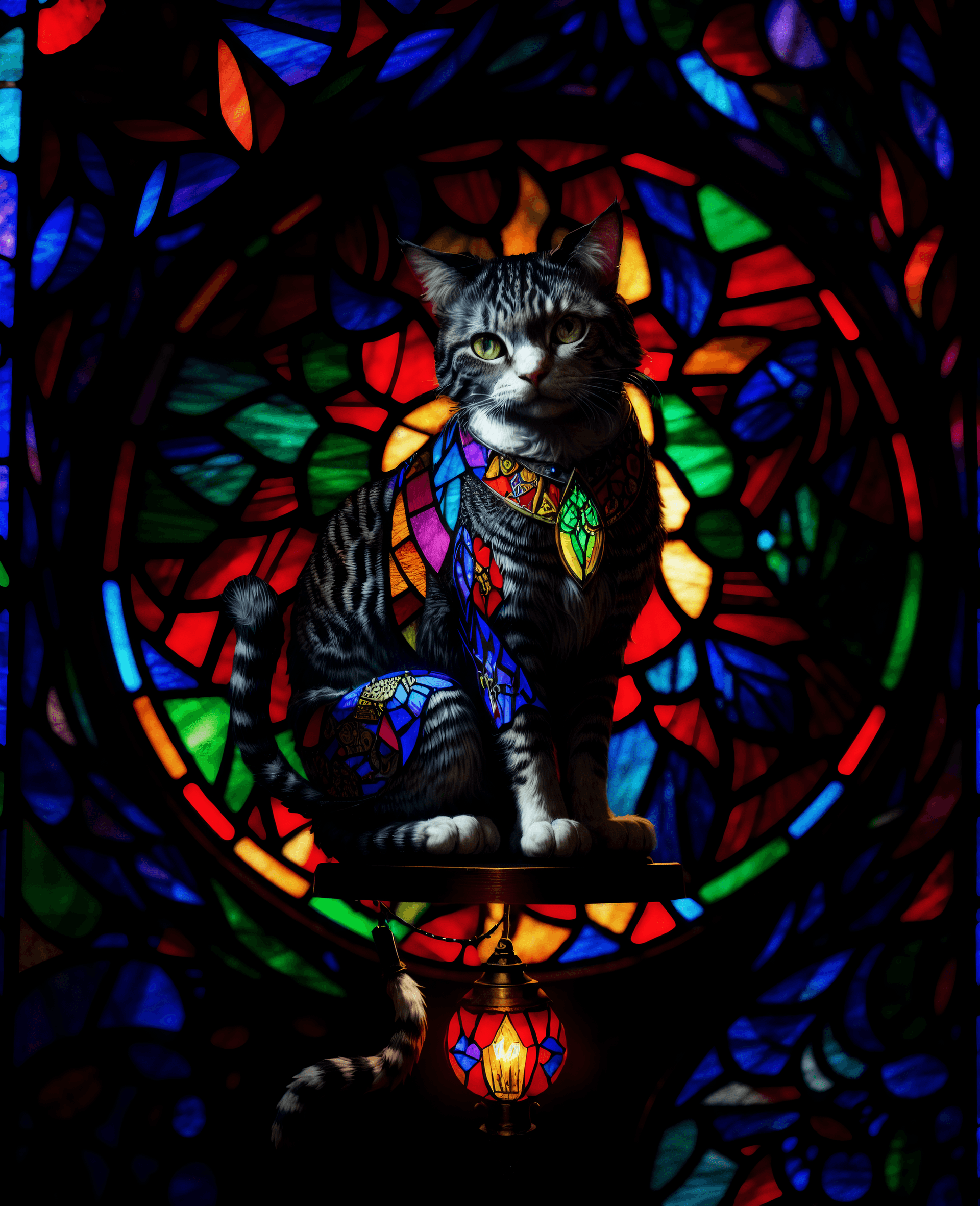 AI generated: Masterpiece, exquisite art, (Stained glass Lamp:1.2) in the shape of a cat , very detailed and ornat...