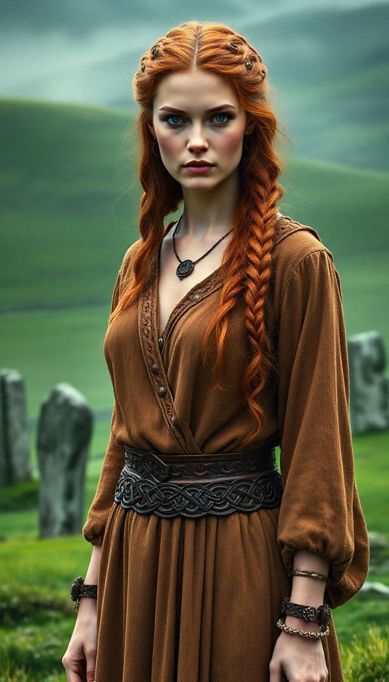 AI generated: A beautiful ancient Celtic woman, embodying the beauty ideal of her time. She has fair skin, high ch...