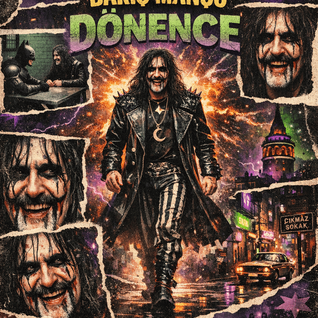 AI generated: A retro vintage collage design of Barış Manço as the Dönence. The central image shows him walking in...
