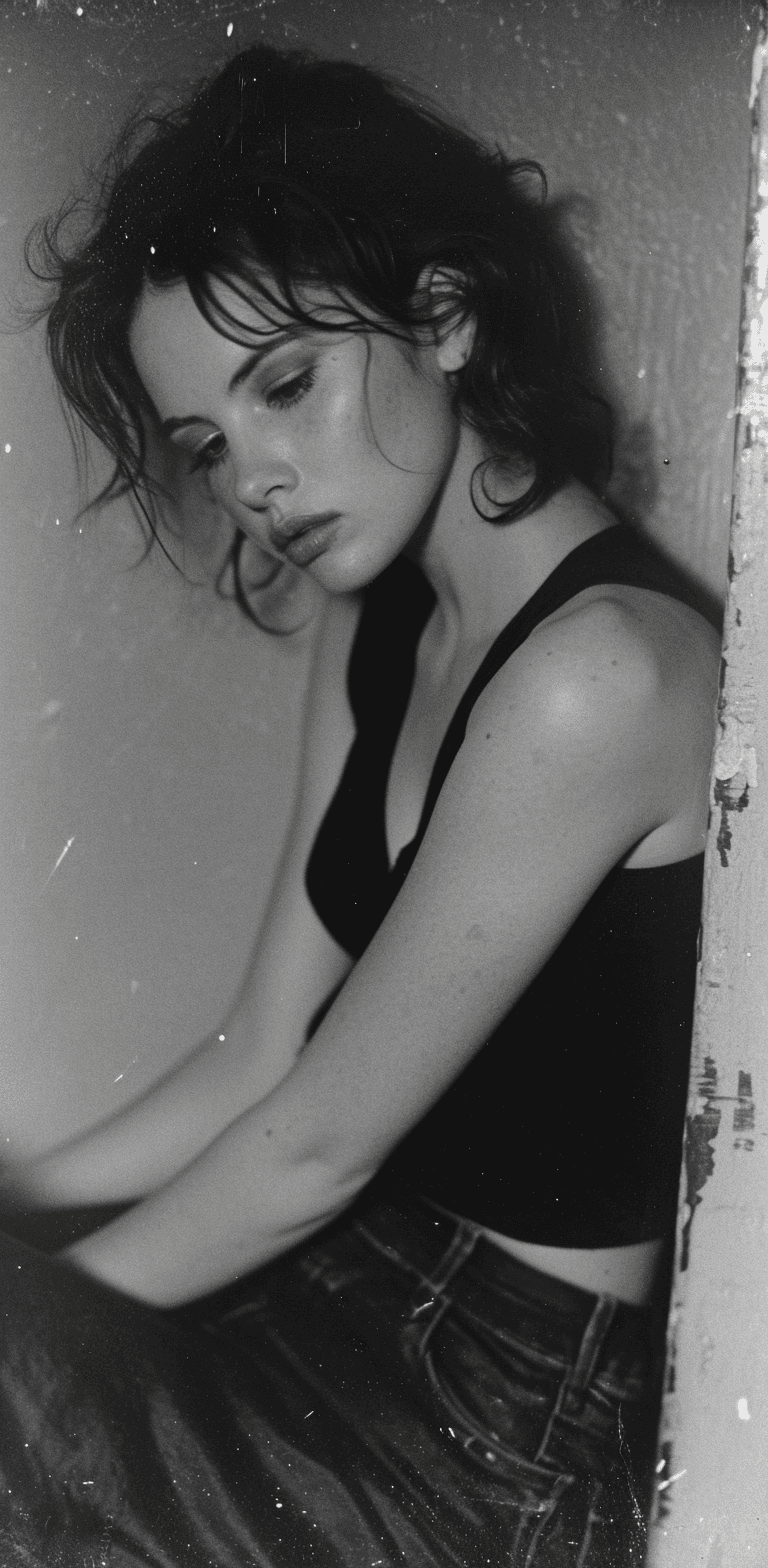AI generated: by Ingmar Bergman, beautiful woman, artistic pose, Ilford XP2 400 --ar 63:128 --stylize 750 --v 6