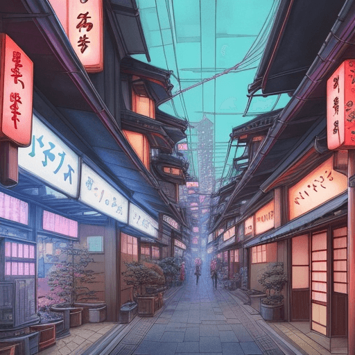 AI generated: anime watercolor style futuristic city in japan with neon lights and traditional japanese architectu...