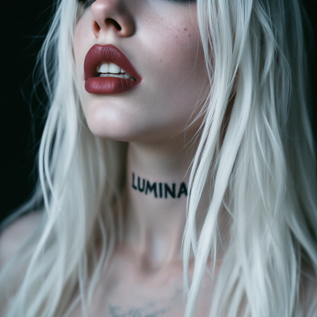 AI generated: A striking portrait of a Gothic girl with long white hair, the word "LUMINA" tattooed on her neck, s...