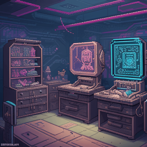 AI generated: secret jeweler workshop, style of cyberpunk edgerunners, pixel art top down 