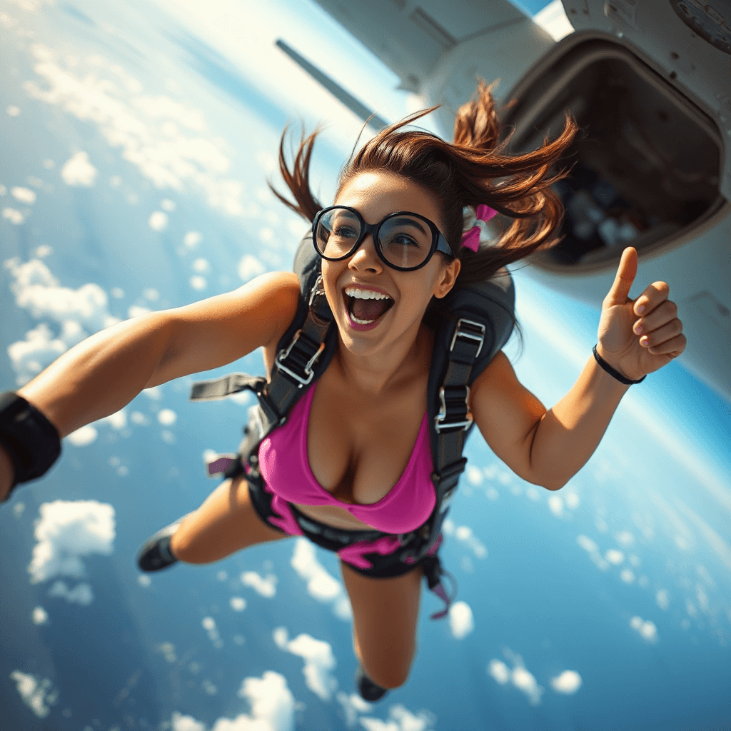 AI generated: action shot of a smiley girl with in pink bikini skydiving jumping out of a plane, dramatic, upward ...