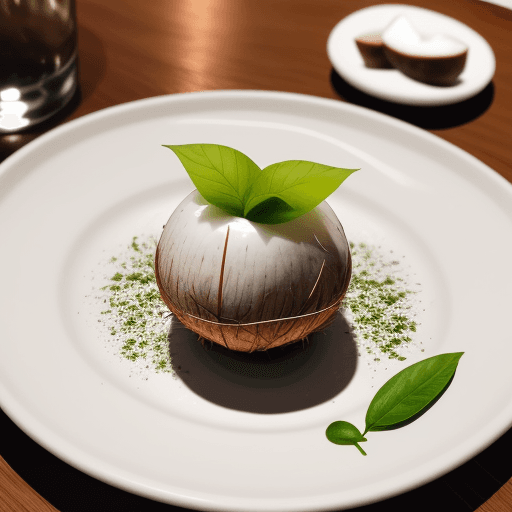 AI generated: A human coconut on a white plate in a fancy restaurant, with a bay leaf and top for seasoning 