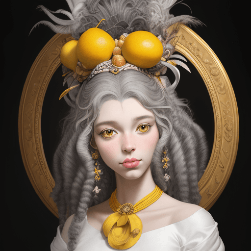 AI generated: a mural of a gray Maine Coon puppy with a white neck white pawson a yellow wall with fruit on her he...