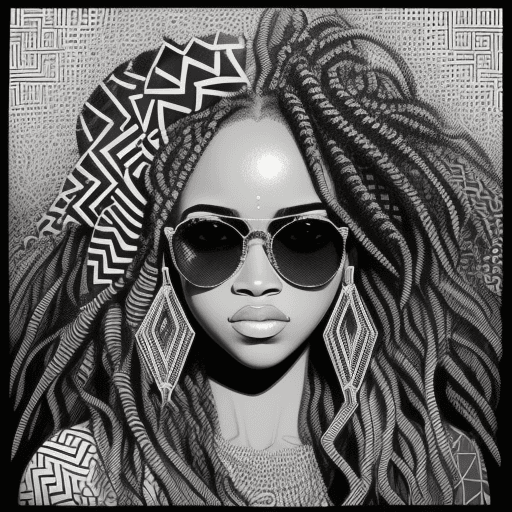 AI generated: Portrait of a female, African style, wavy hair , sunglasses, sparkling eyes,  geometric patterns, vi...