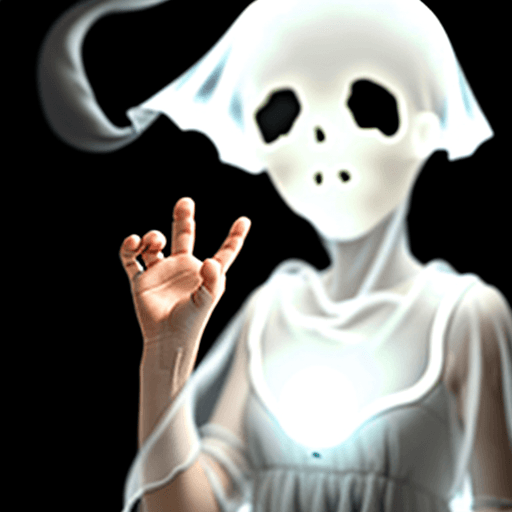 AI generated: A girl in a white dress trying to touch a translucent friendly ghost. Black background.