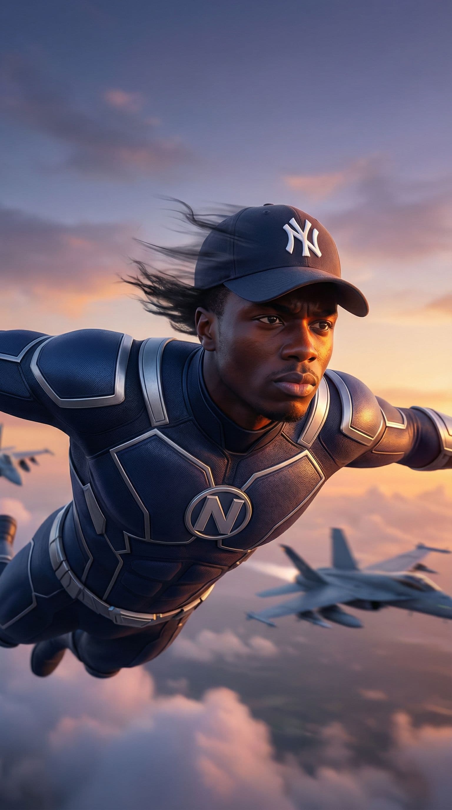 AI generated: Imagine an epic scene where you are soaring through the sky as a superhero, wind in your hair, with ...