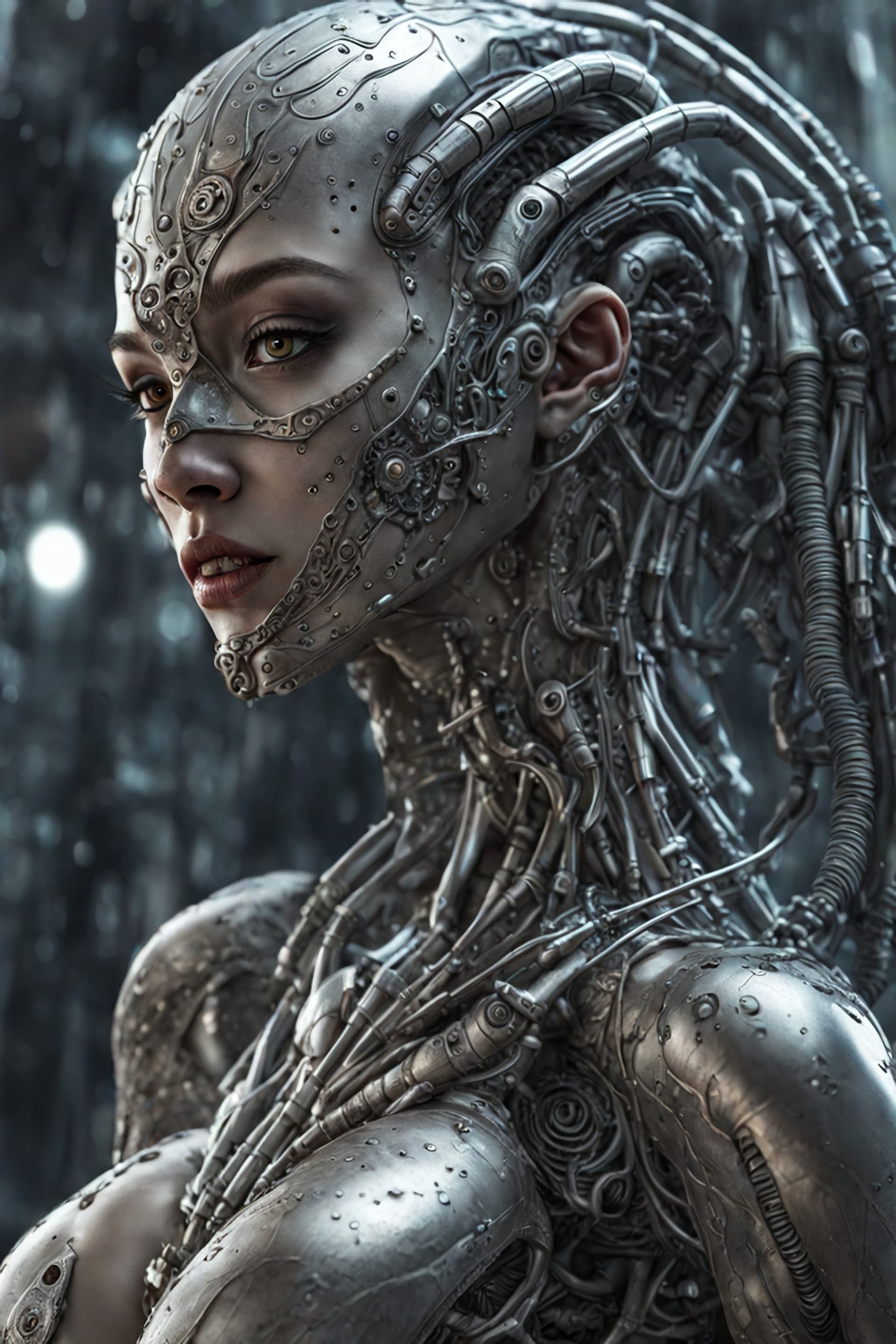 AI generated: slimy,creepy female cyborg demons,different full body modelposition, high detailed cinematic backgro...