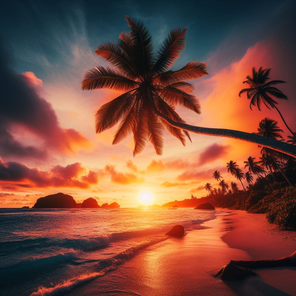 AI generated: Tropical sunset from the beach at high tide, coconut trees bending in the wind