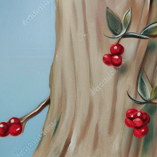 AI generated: curly tree trunk with branches with leaves with red berries, medieval style, oil painting, white bac...