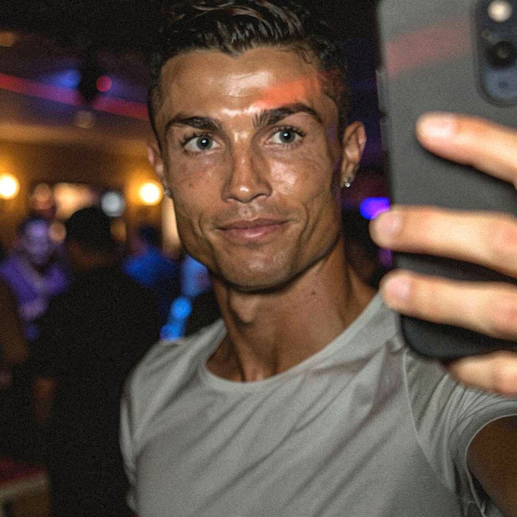 AI generated: Cristiano Ronaldo, drunk,  posing, handsome, selfie, low quality