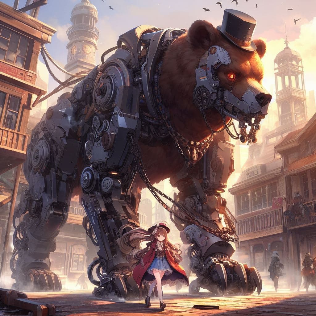 AI generated: anime artwork a robotic steampunk grizzly bear walking on all four, tamed by a beautiful wild west g...