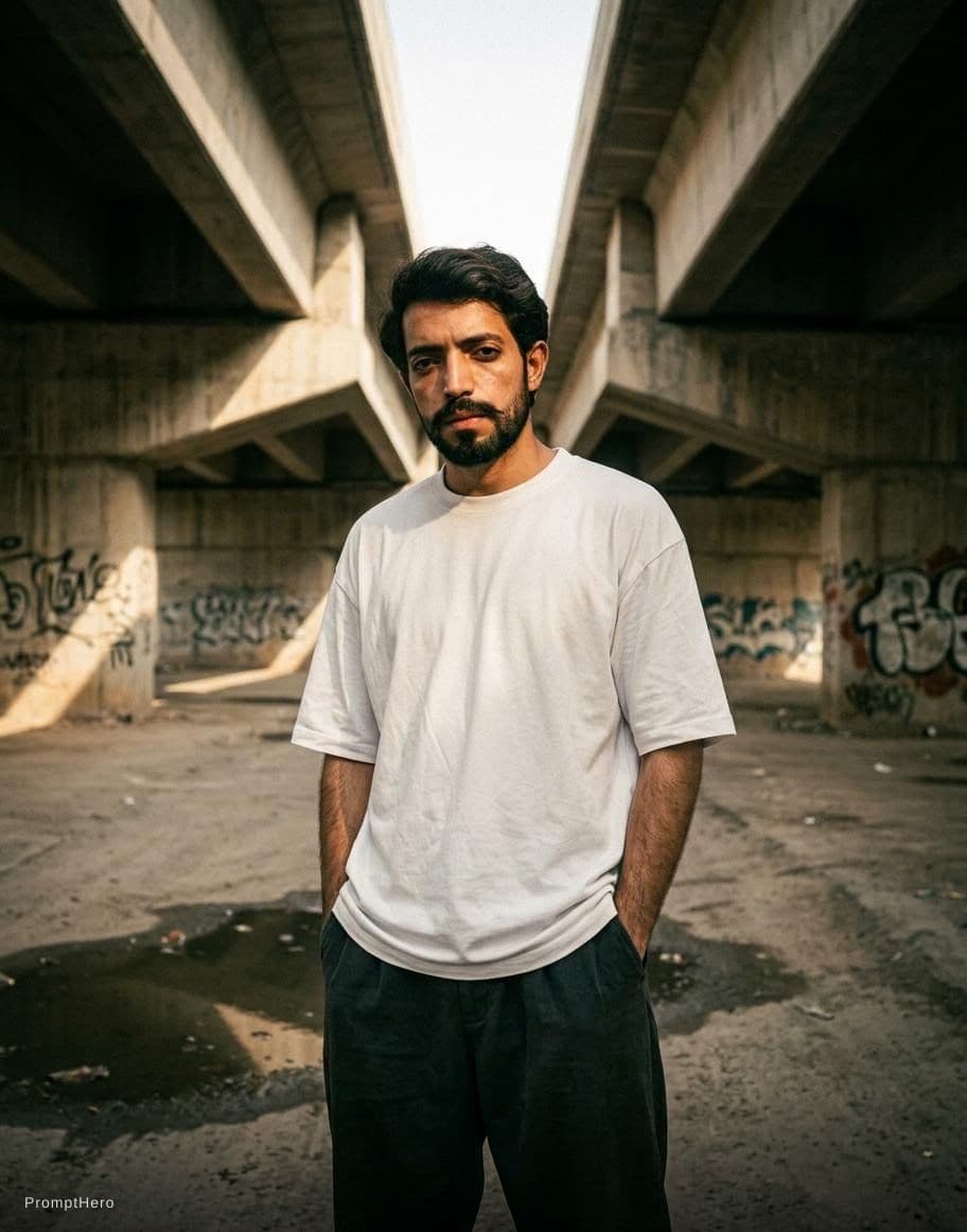 AI generated: A moody, urban portrait of me standing under a desolate concrete overpass, the harsh architectural l...