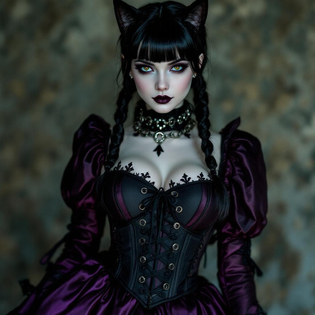 AI generated: Realistic real person Wednesday Addams cosplay glamour photo in barbiecore style, with a black cat w...