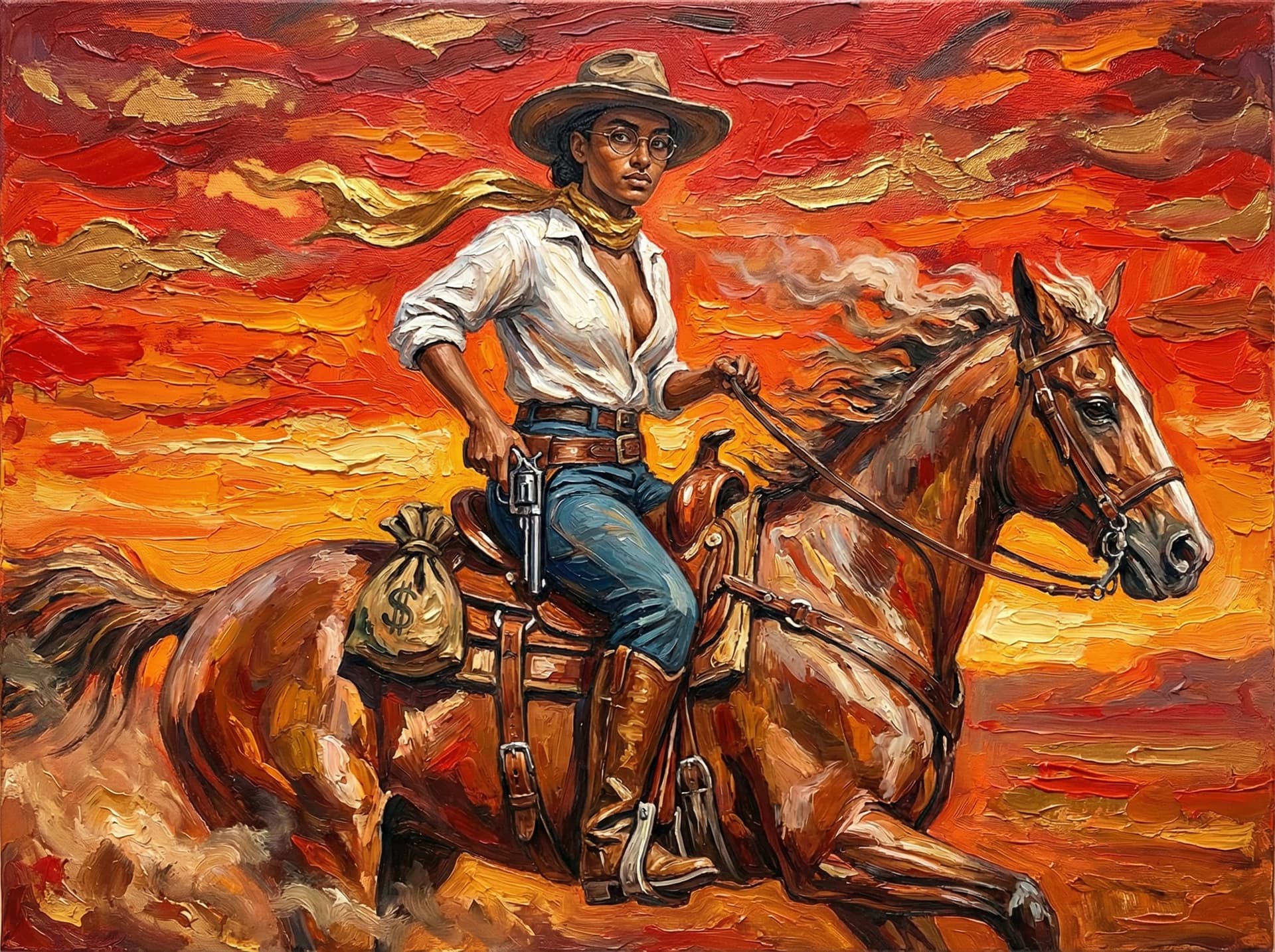 AI generated: A dramatic impasto oil painting in high relief, portraying a mysterious female outlaw riding her hor...