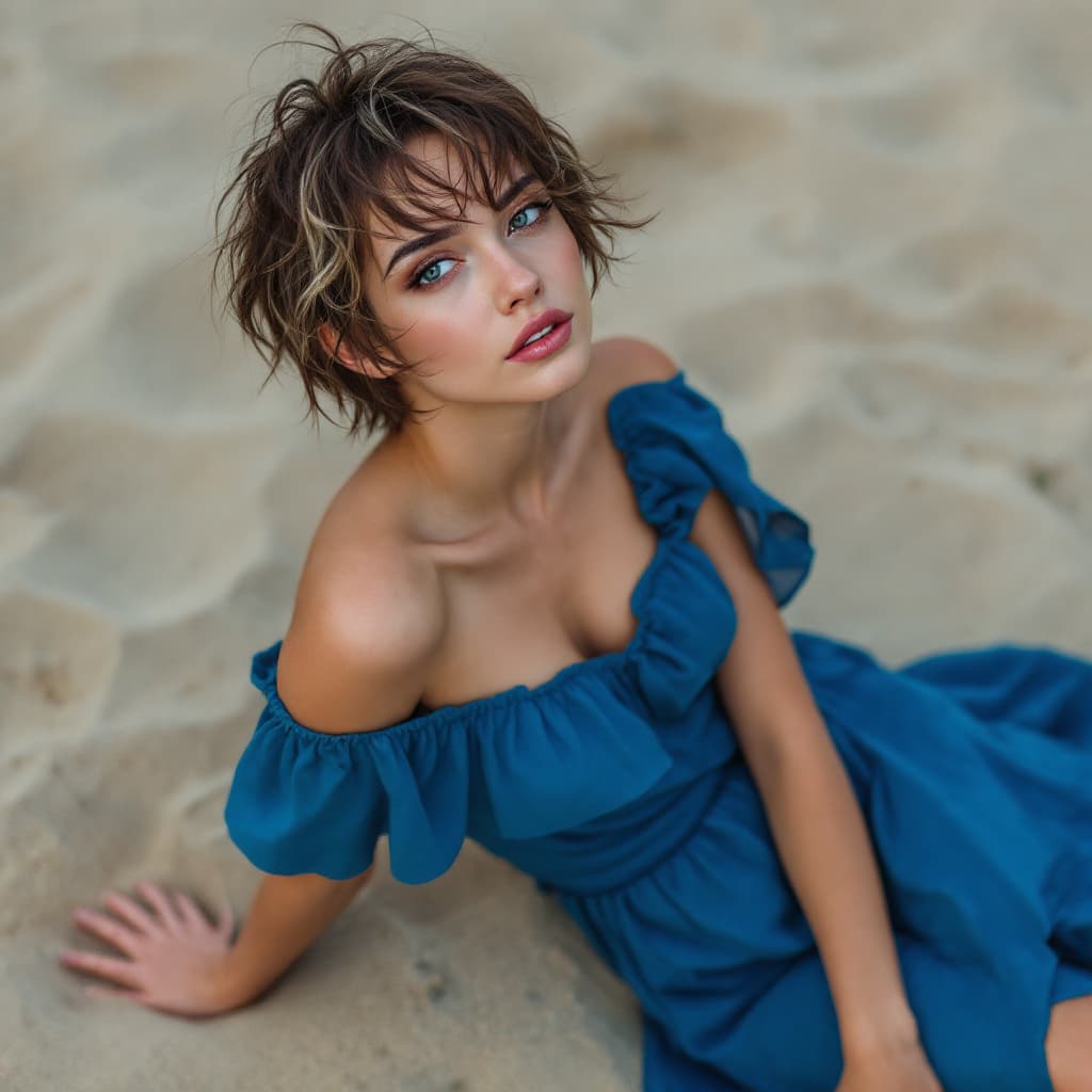 AI generated: a female, photograph of a woman sitting in the sand, high angle, one arm on her shoulder, the other ...
