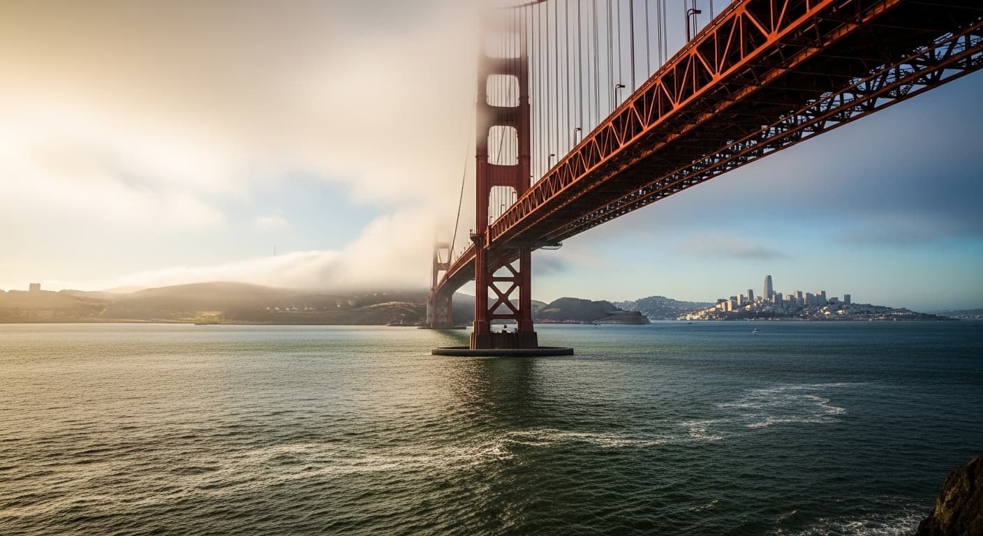 AI generated: A cityscape with a low view point of a landmark bridge above the river with water flowing in the riv...