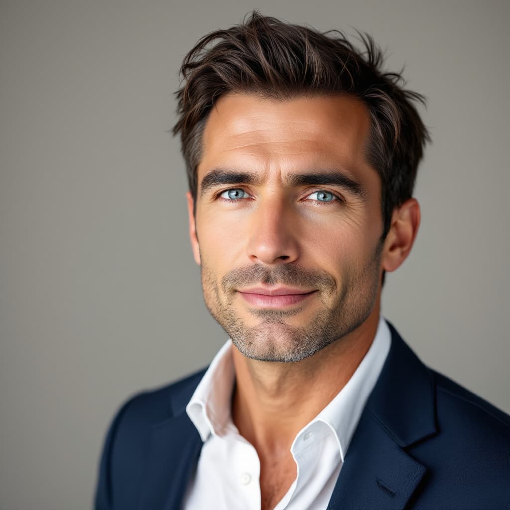 AI generated: Professional photo of a 46-year-old white American man, olive skin, short dark hair, clean-shaven, n...
