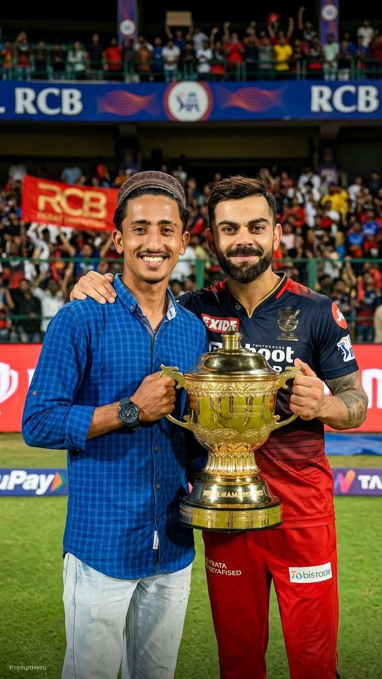 AI generated: Generated Combine these two photos and make me to stand beside virat kohli with the ipl cup. Make vi...