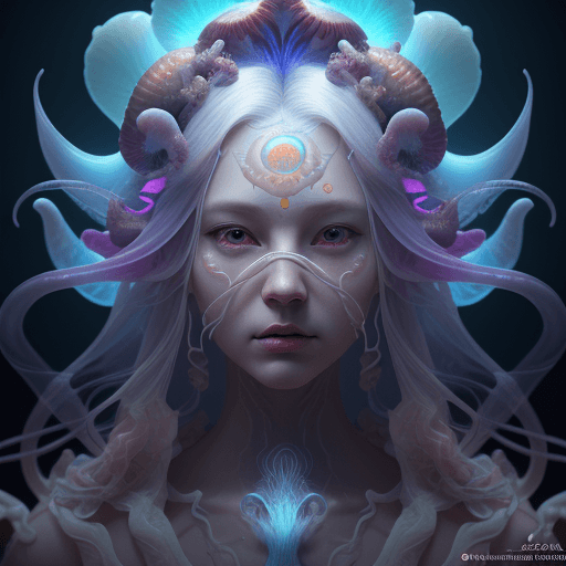 AI generated: Goddess close-up portrait ribcagel. jellyfish phoenix head, nautilus, orchid, skull, betta fish, bio...