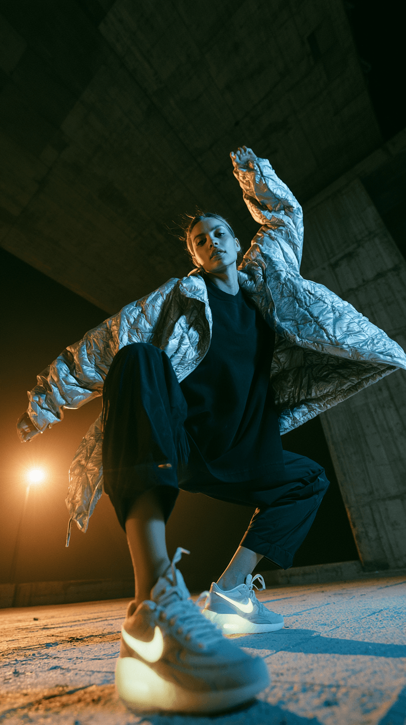 AI generated: editorial photography, tilt shot, wide angle, female model, wearing quilted metallic thermal puffer ...