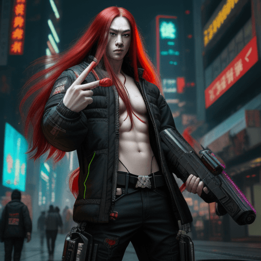 AI generated: Cyberpunk, red long hair chinesse male holding a Big cyberpunk Revolver