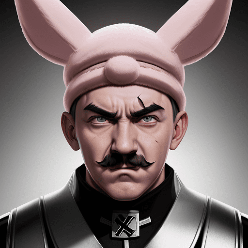 AI generated: Adolf Hitler, toothbrush moustache style, dragon ball anime, X-shaped scar on his chest, Pink Bunny ...