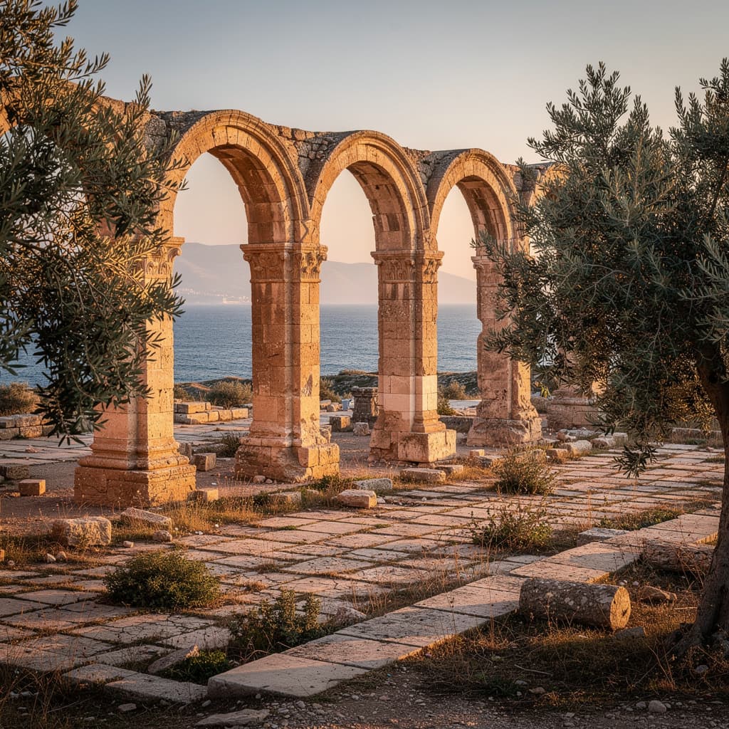 AI generated: Early Christian basilica ruins in northern Tunisia overlooking the Mediterranean Sea, golden hour su...