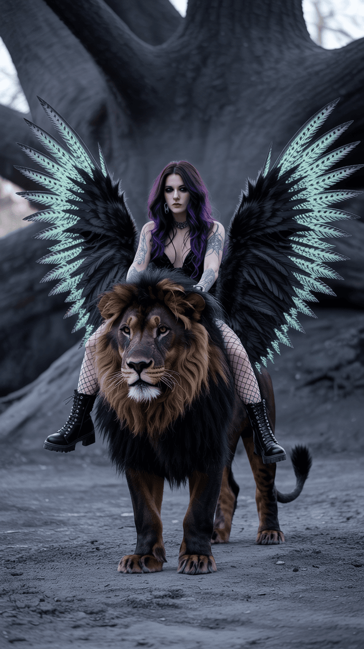 AI generated: A full body photo shot of an strong, fierce black lion with large outstretched, transparent-black fe...